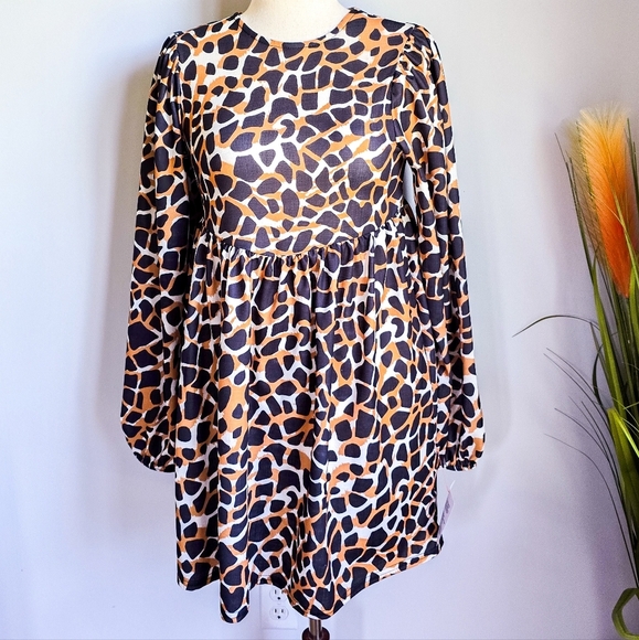 ASOS Design, New Oversized Long Blouson Sleeve Animal Print Mini Dress Size 8 - Picture 2 of 14
